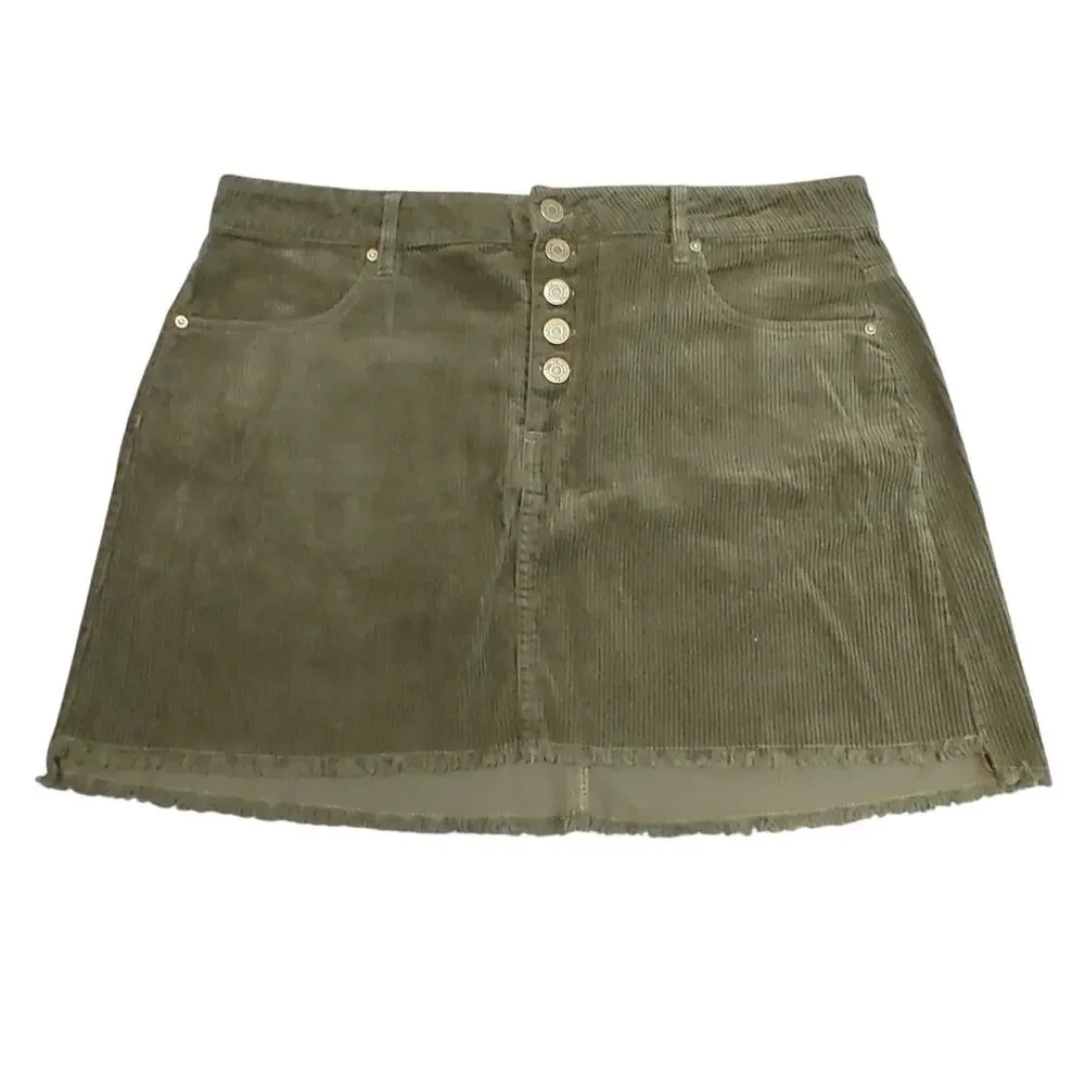 Indigo Rein Corduroy Mini Skirt Frayed Hem Olive Green Cotton Womens Size 15